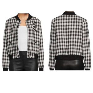 Karl Lagerfeld Paris Black White Gingham Check Tweed Bomber Jacket XL (Estimated